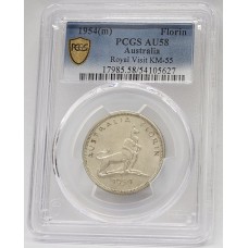 AUSTRALIA 1954 . FLORIN . ROYAL VISIT . COMMEMORATIVE . PCGS AU58